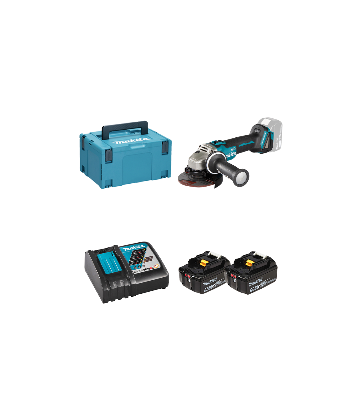 Meuleuse Ø125 mm 18V DGA504ZJ + 2 batteries BL1850B 18V 5 Ah + chargeur rapide DC18RC MAKITA