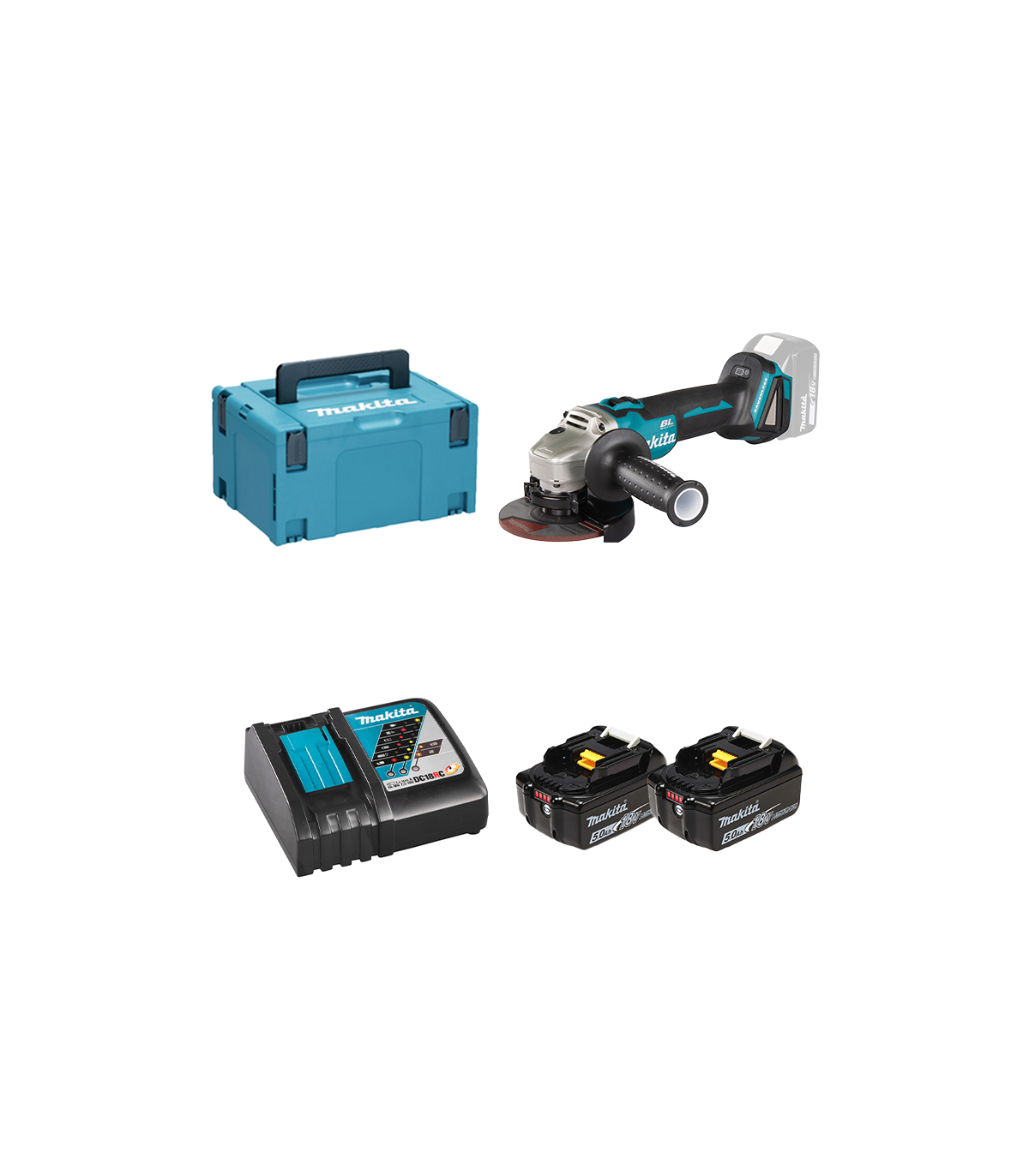 Meuleuse Ø125 mm 18V DGA506ZJ + 2 batteries BL1850B 18V 5 Ah + 1 chargeur rapide DC18RC MAKITA