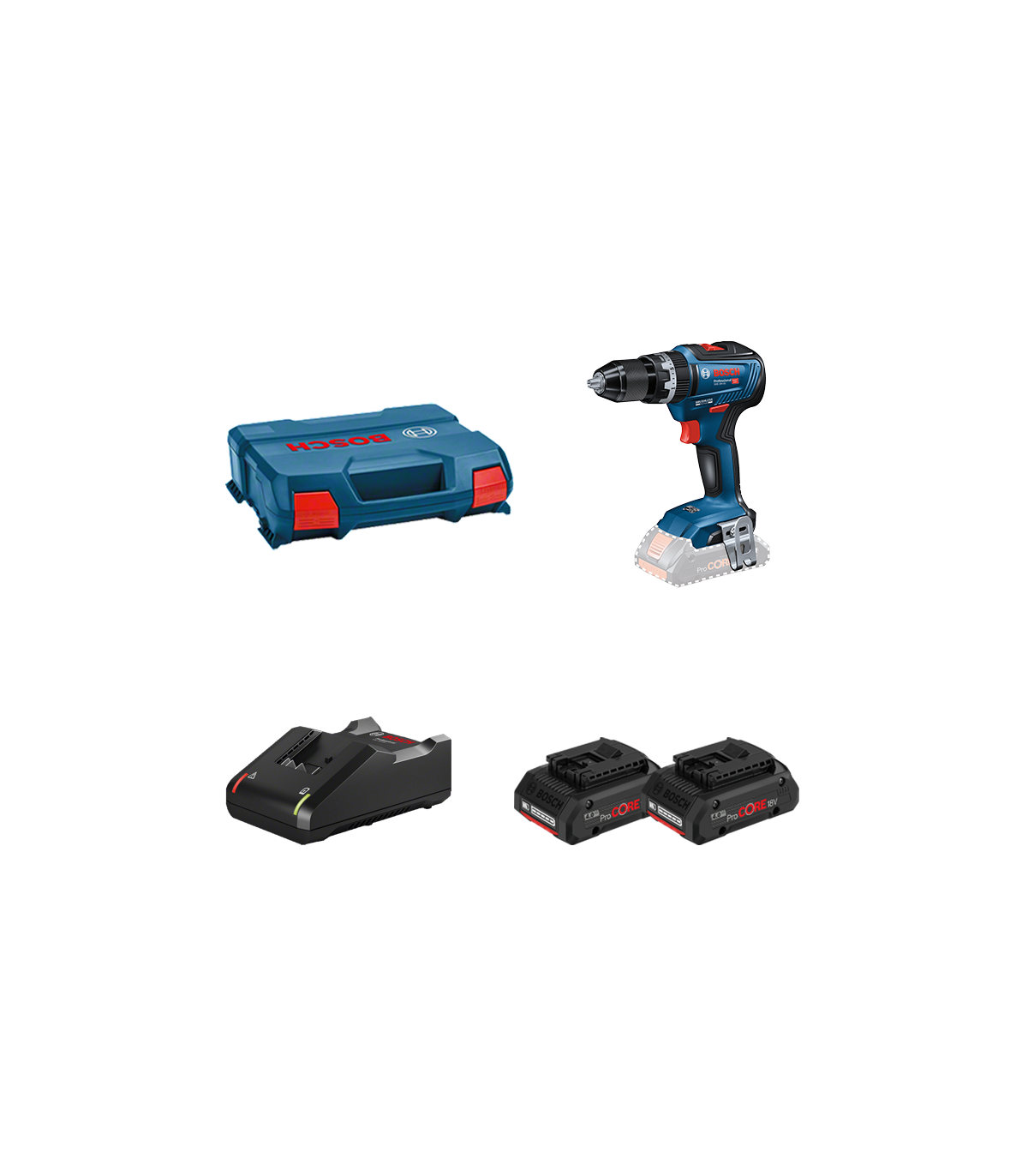 Perceuse-visseuse à percussion GSB 18V-55 en coffret L-CASE + 2 batteries Procore 18V 4 Ah + 1 chargeur GAL 18V-40 BOSCH