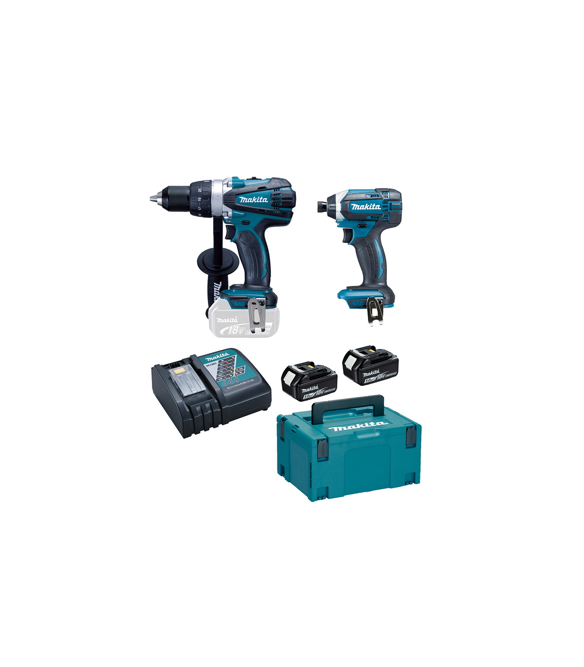 Ensemble de 2 machines 18V (DDF458 + DTD152) DLX2144TJ1 + 2 batteries BL1850 18V 5 Ah + 1 chargeur rapide DC18RC MAKITA