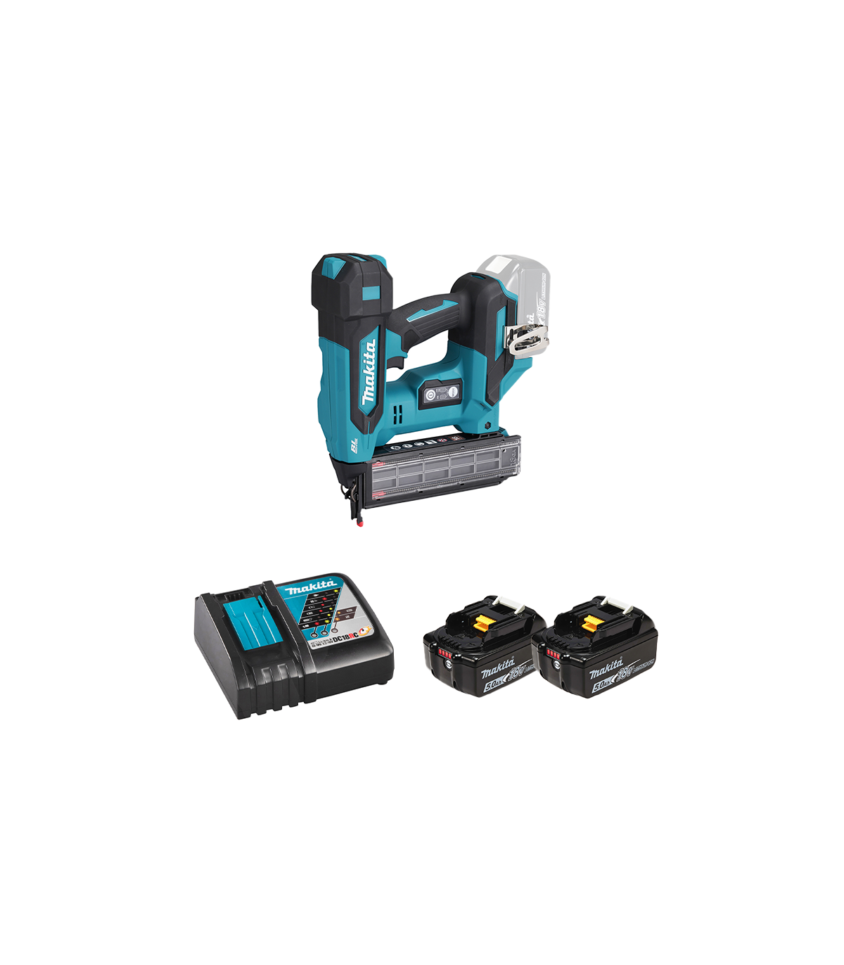 Cloueur pneumatique 18V DBN501Z + 2 batteries BL1850B 18V 5 Ah + chargeur rapide DC18RC MAKITA