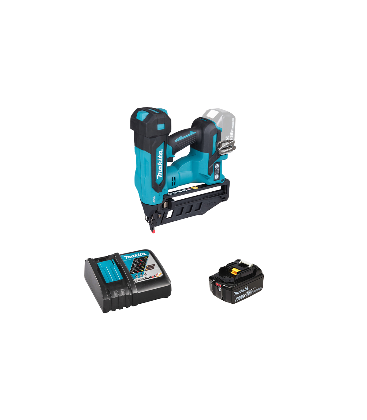 Cloueur pneumatique 18V DBN601Z + 1 batterie BL1850B 18V 5 Ah + chargeur rapide DC18RC MAKITA
