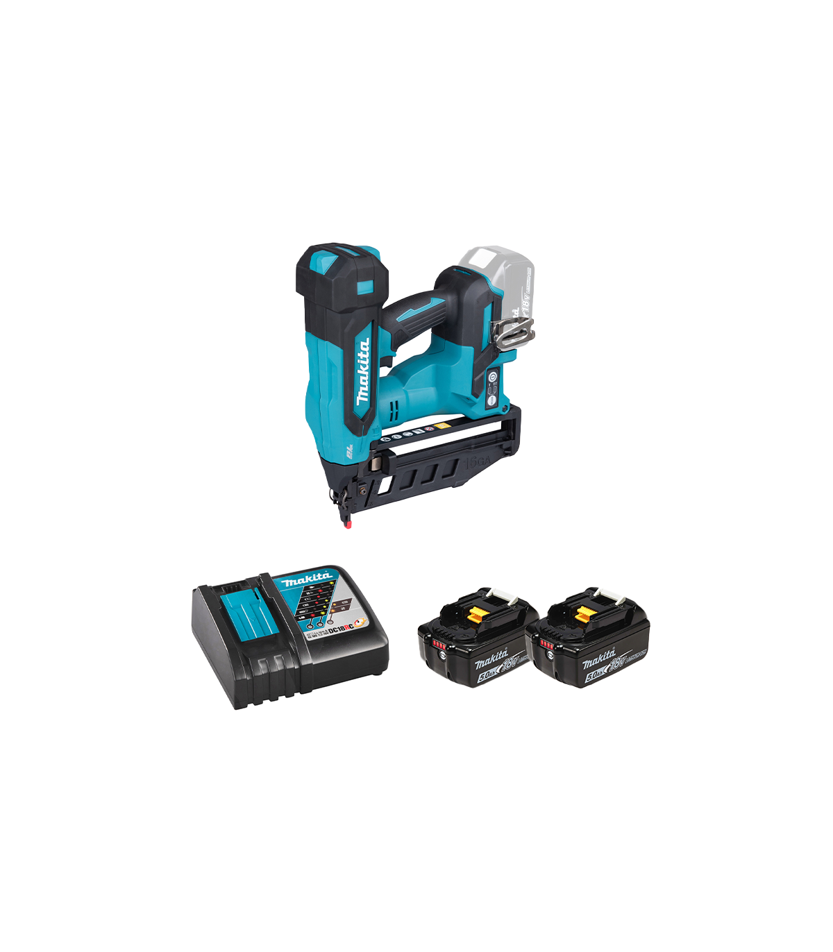 Cloueur pneumatique 18V DBN601Z + 2 batteries BL1850B 18V 5 Ah + chargeur rapide DC18RC MAKITA