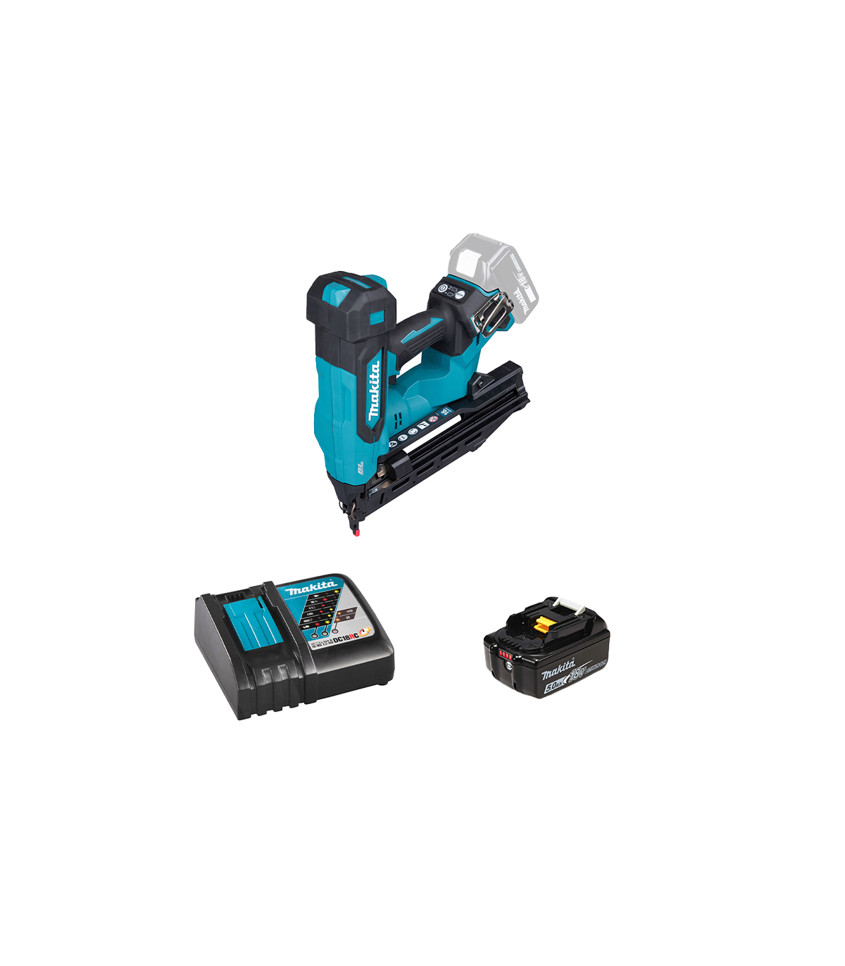 Cloueur d'angle 20° pneumatique 18V DBN610Z + 1 batterie BL1850B 18V 5 Ah + chargeur rapide DC18RC MAKITA