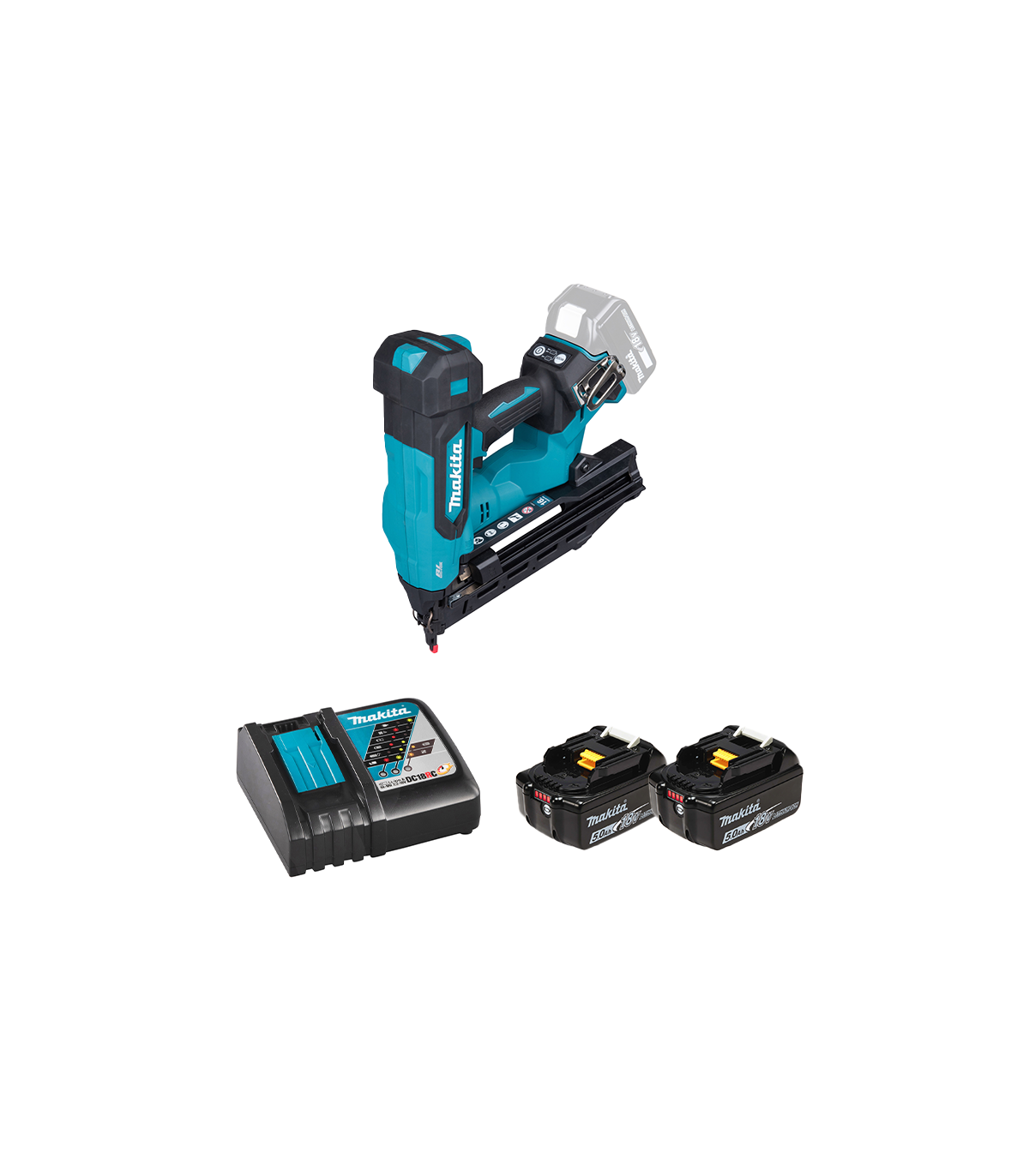Cloueur d'angle 20° pneumatique 18V DBN610Z + 2 batteries BL1850B 18V 5 Ah + chargeur rapide DC18RC MAKITA