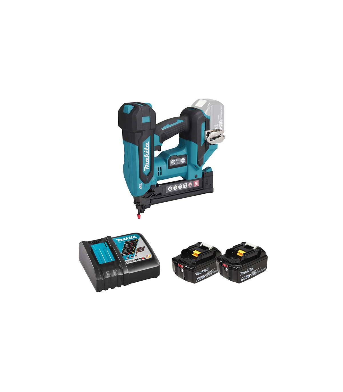 Agrafeuse 18V DST630Z + 2 batteries BL1850B 18V 5 Ah + chargeur rapide DC18RC MAKITA