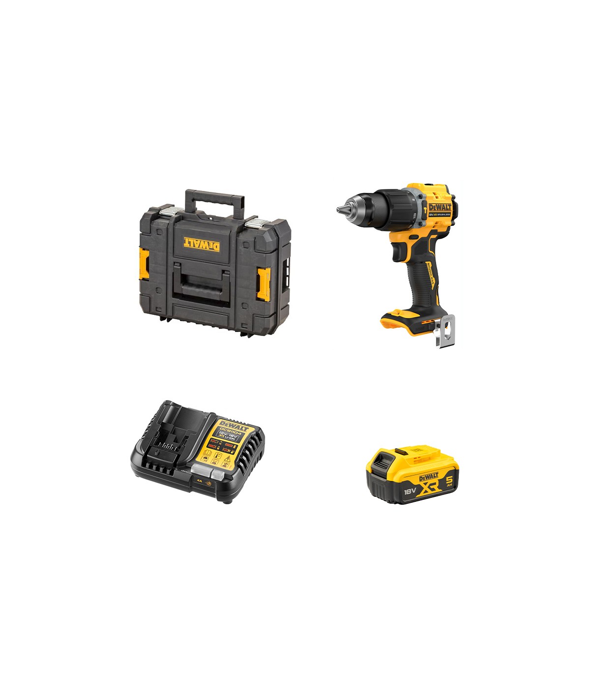 Perceuse-visseuse à percussion 18V DCD799NT-XJ + 1 batterie 18V 5 Ah + 1 Chargeur DCB1104-QW DEWALT