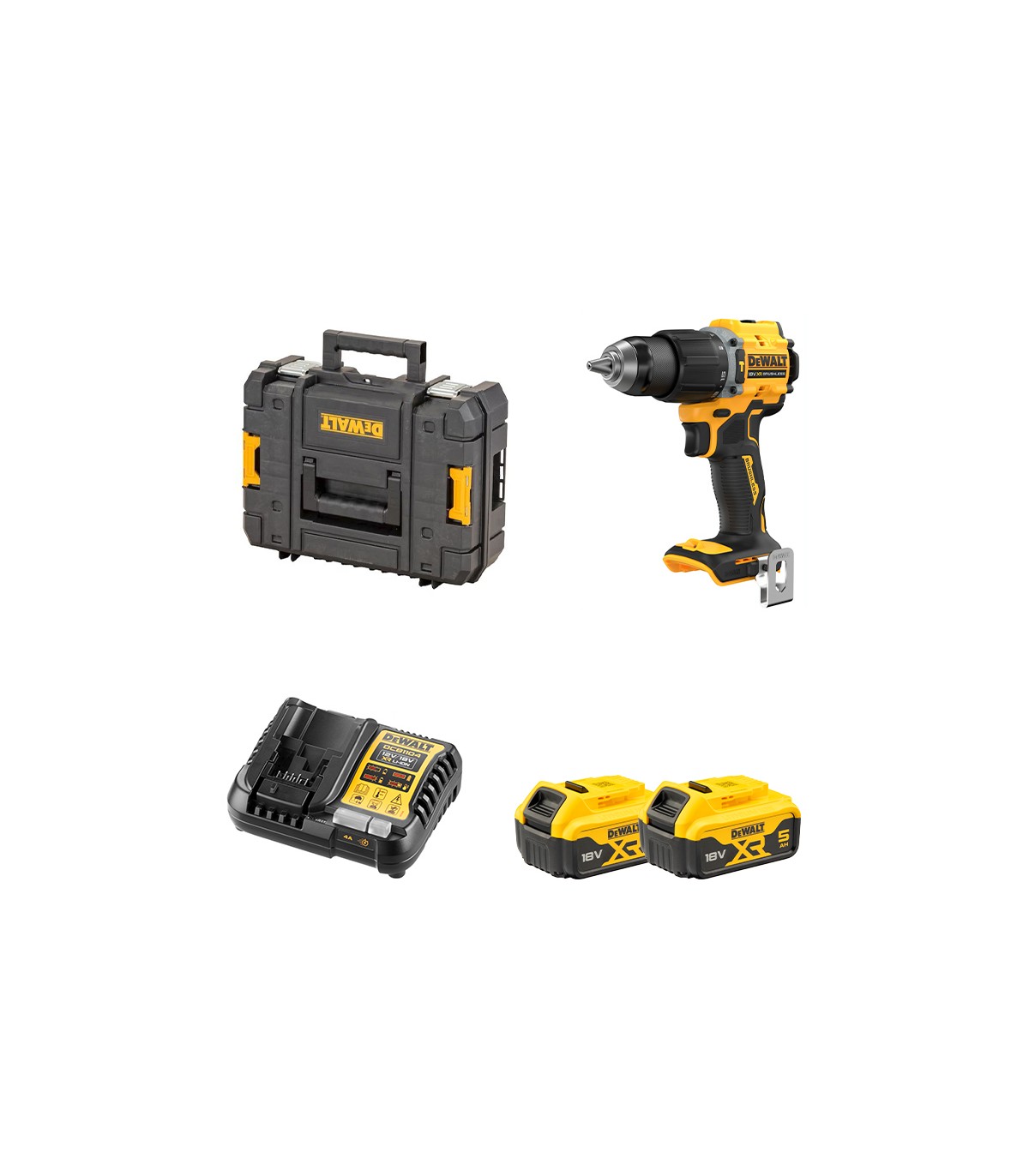 Perceuse-visseuse à percussion 18V DCD799NT-XJ + 2 batteries 18V 5 Ah + 1 Chargeur DCB1104-QW DEWALT