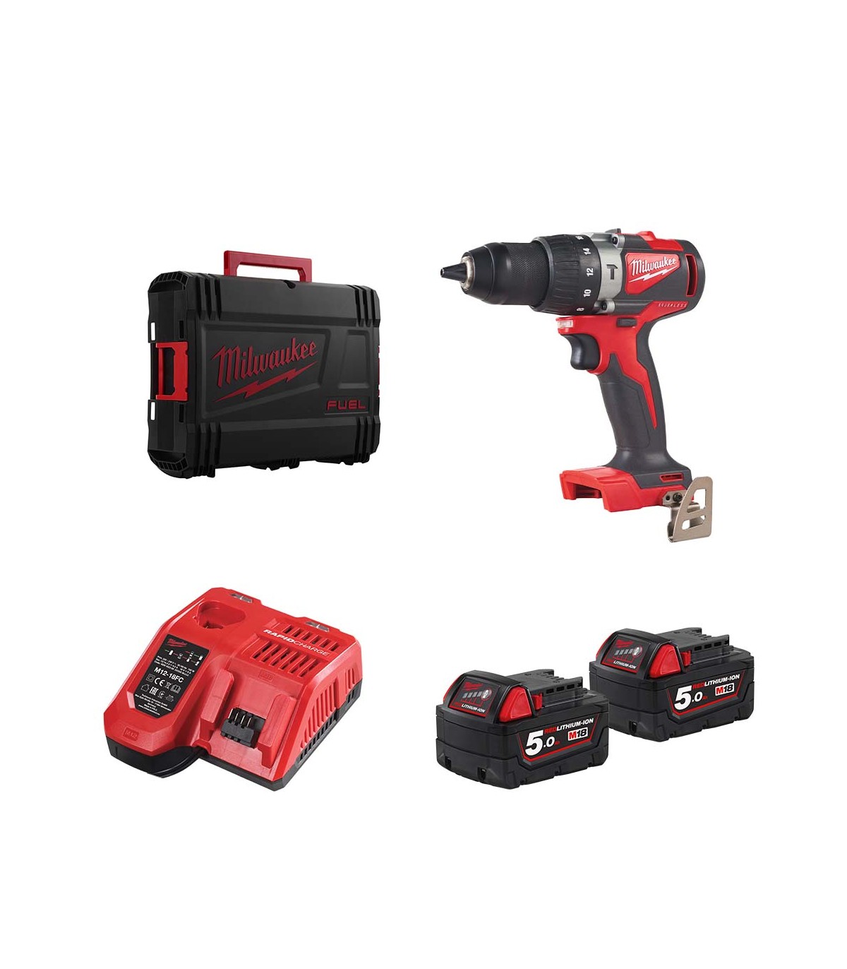Perceuse visseuse à percussion 18V M18 BLPD2-502X + 2 batteries 18V 5 Ah + 1 chargeur M12-18FC MILWAUKEE