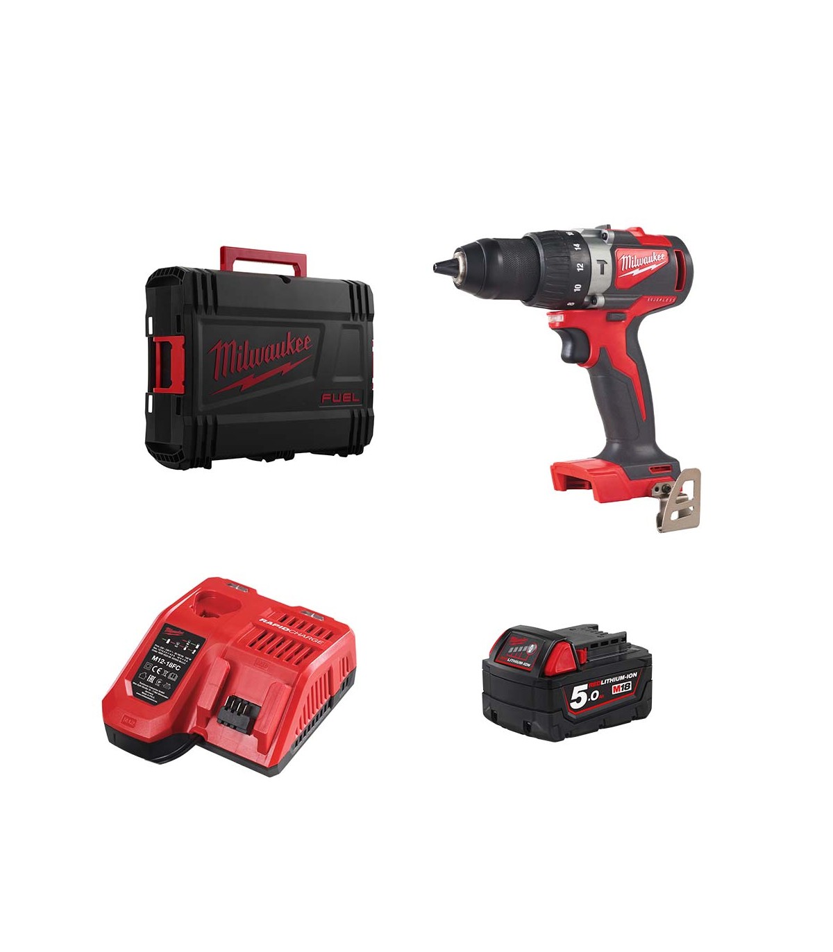 Perceuse visseuse à percussion 18V M18 BLPD2-0X + 1 batterie 18V 5 Ah + 1 chargeur M12-18FC MILWAUKEE