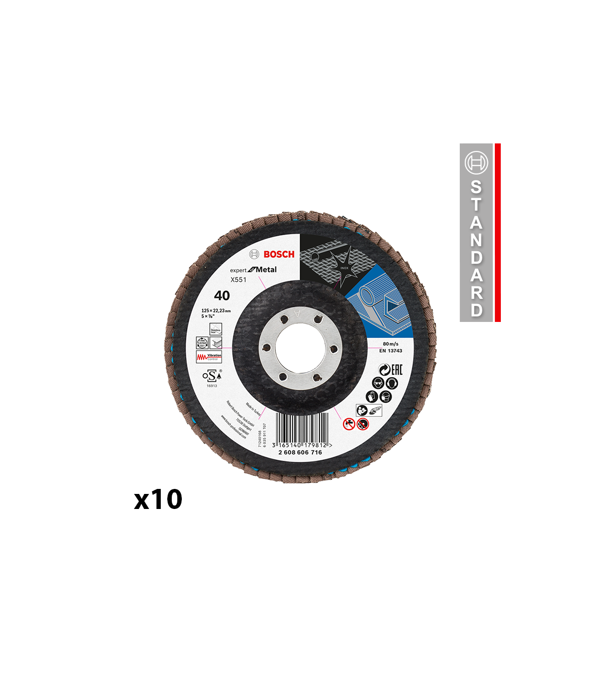 Lot de 10 Plateaux à lamelles bombé X551 Ø125 EXPERT Métal Grain 40 BOSCH