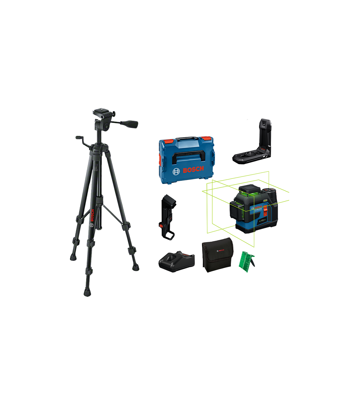 Laser lignes vert 360° GLL 12V-100-33 CG + Trepied BT 150 + batterie GBA 2 Ah + Chargeur GAL 12V-40 BOSCH