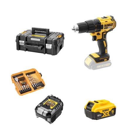 Perceuse-visseuse 18V DCD777NT + 1 batterie 18V 5 Ah + 1 chargeur DCB1102-QW + coffret d'accessoires DEWALT