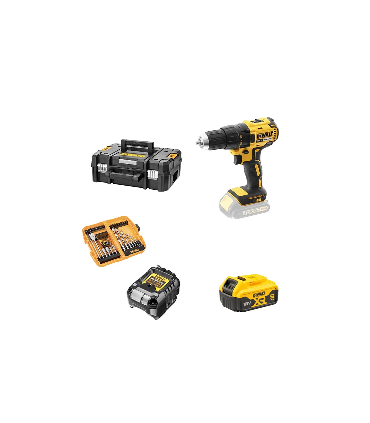 Perceuse-visseuse 18V DCD777NT + 1 batterie 18V 5 Ah + 1 chargeur DCB1102-QW + coffret d'accessoires DEWALT