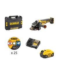 Meuleuse Ø125 mm 18V DCG405NT-XJ + 1 batterie 18V 5 Ah + 1 chargeur DCB1104-QW + 25 disques DEWALT