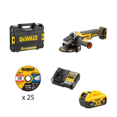Meuleuse Ø125 mm 18V DCG405NT-XJ + 1 batterie 18V 5 Ah + 1 chargeur DCB1104-QW + 25 disques DEWALT