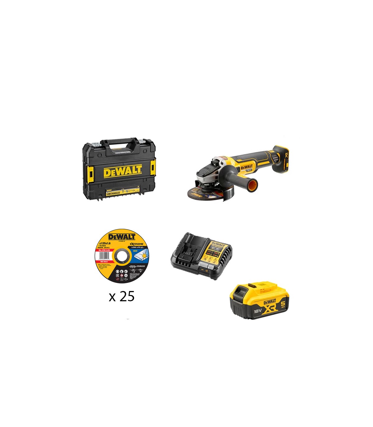 Meuleuse Ø125 mm 18V DCG405NT-XJ + 1 batterie 18V 5 Ah + 1 chargeur DCB1104-QW + 25 disques DEWALT