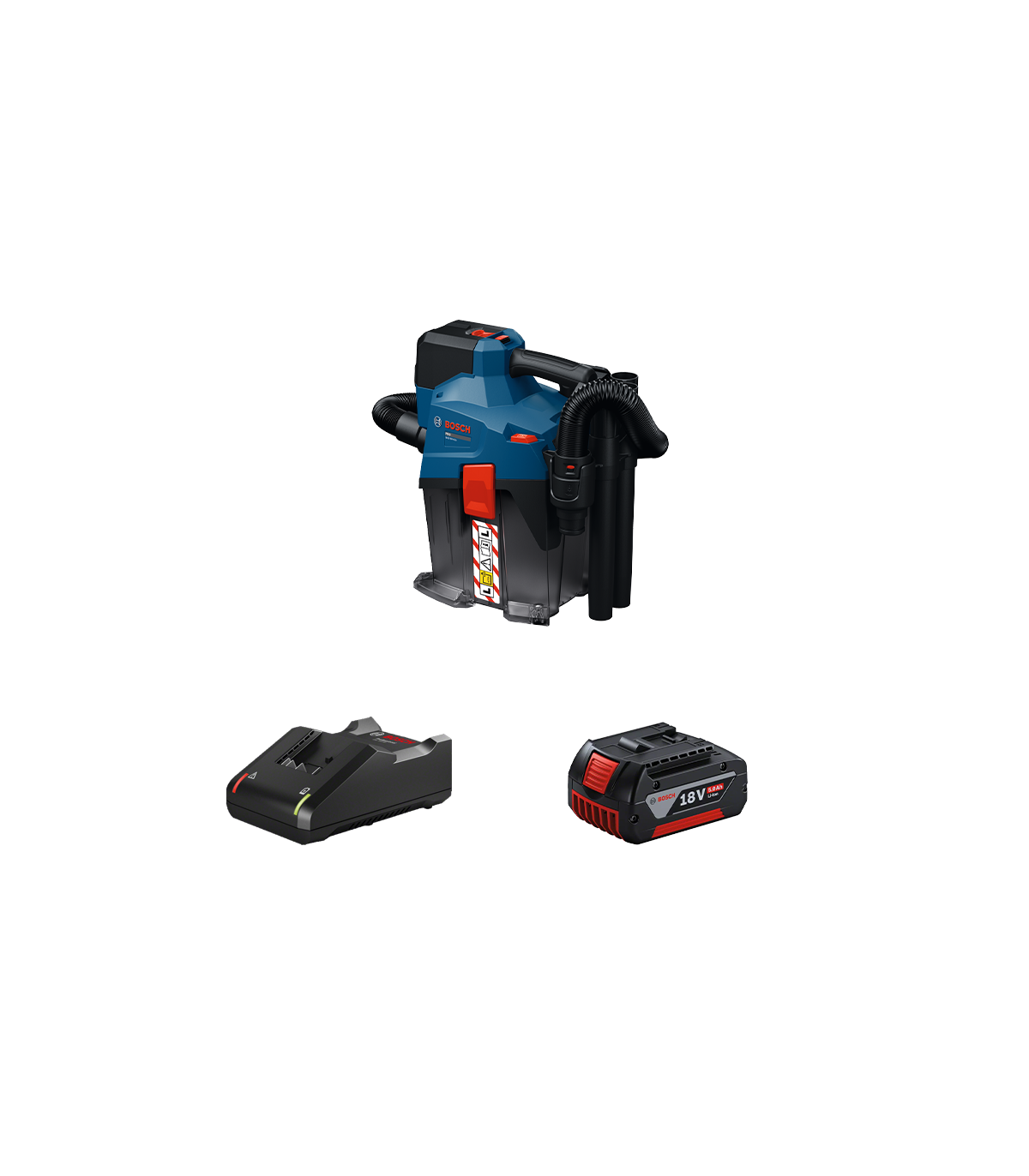 Aspirateur à batterie eau et poussière GAS 18V-6LS + 1 batterie GBA 18V 5 Ah + 1 chargeur GAL 18V-40 BOSCH