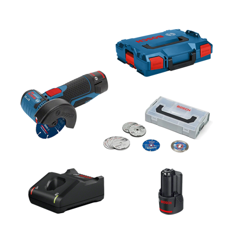 Pack Meuleuse Ø76 mm GWS 12V-76 + 1 batterie 12V 2 Ah + chargeur GAL 12V-40 + Coffret 9 disques BOSCH