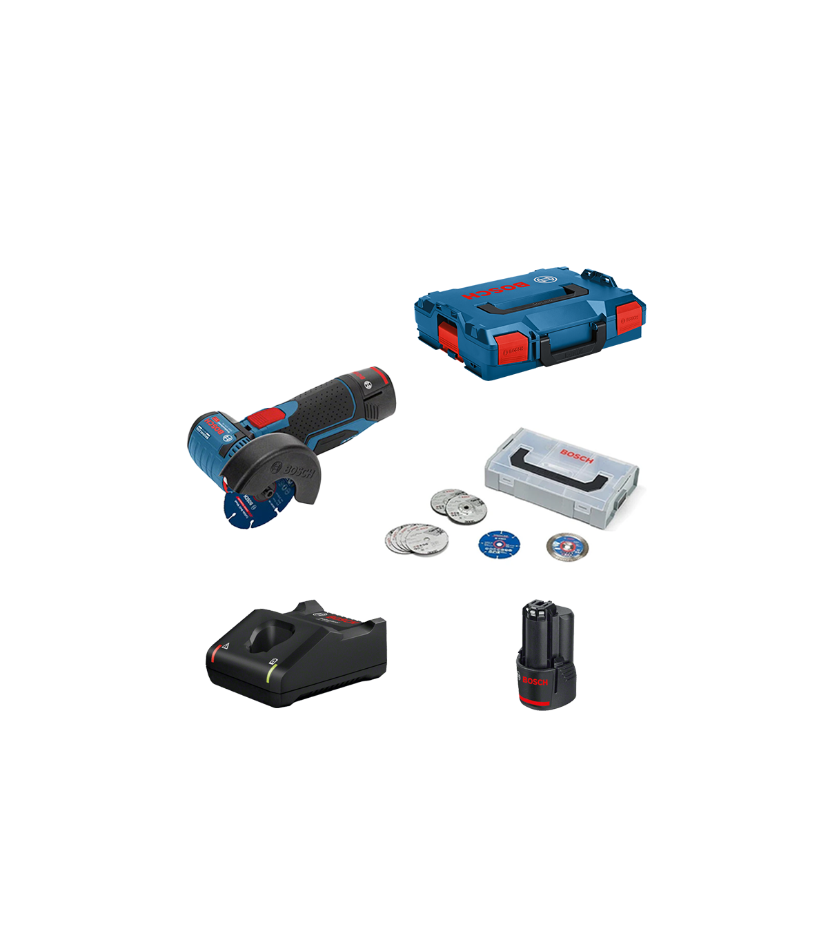 Pack Meuleuse Ø76 mm GWS 12V-76 + 1 batterie 12V 2 Ah + chargeur GAL 12V-40 + Coffret 9 disques BOSCH