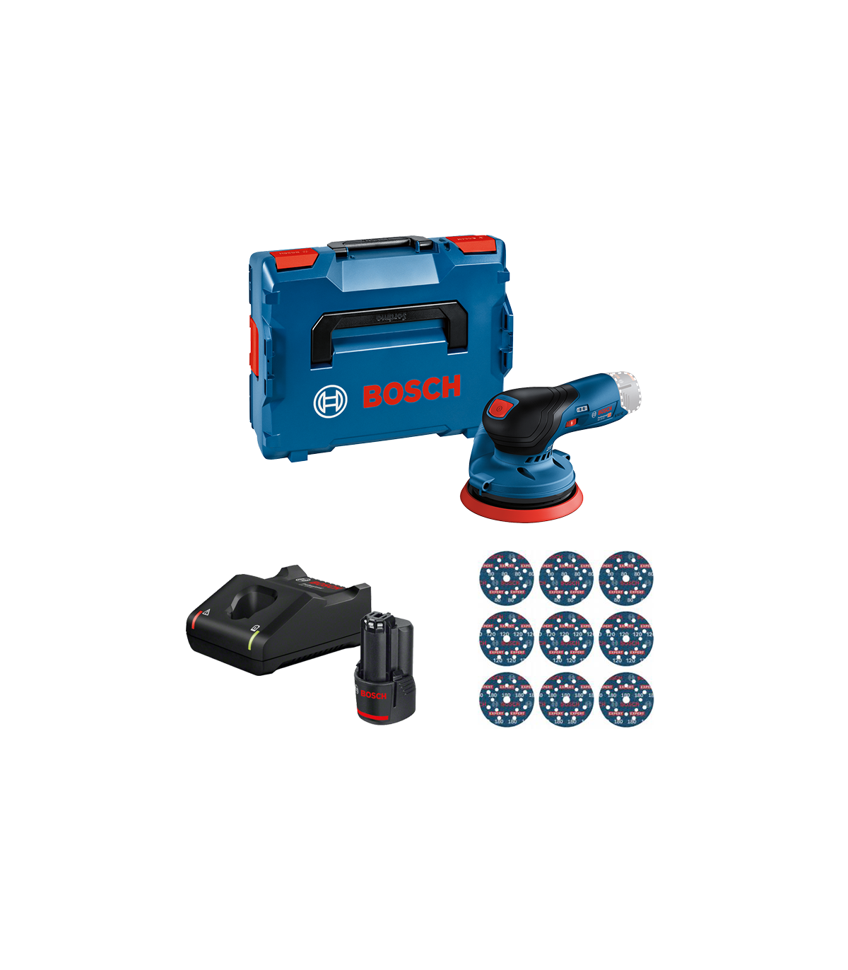 Ponceuse excentrique Ø125 mm GEX 12V-125 + 1 Batterie GBA 12V 3 Ah + 1 chargeur GAL 12V-40 + Coffret de 9 abrasifs O780 Ø125 mm