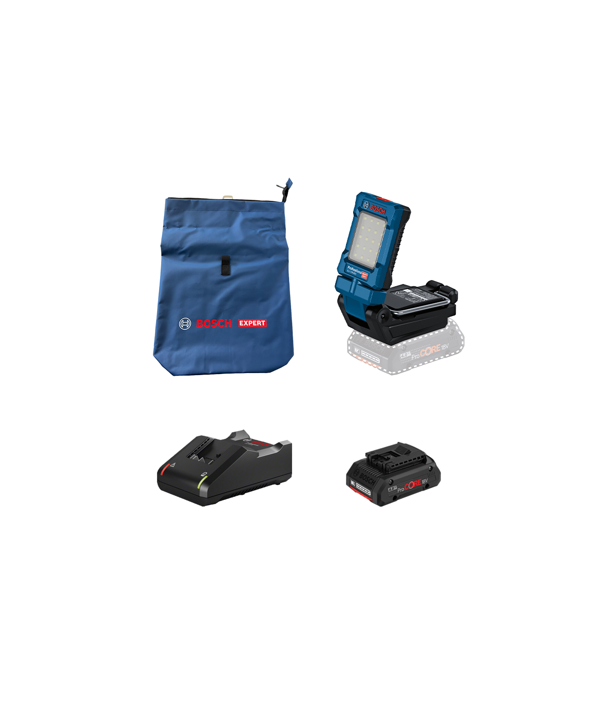 Lampe GLI 18V-800 + 1 Batterie ProCORE 18V 4 Ah + 1 Chargeur GAL 18V-40 + 1 Sac à dos pour outils EXPERT BOSCH