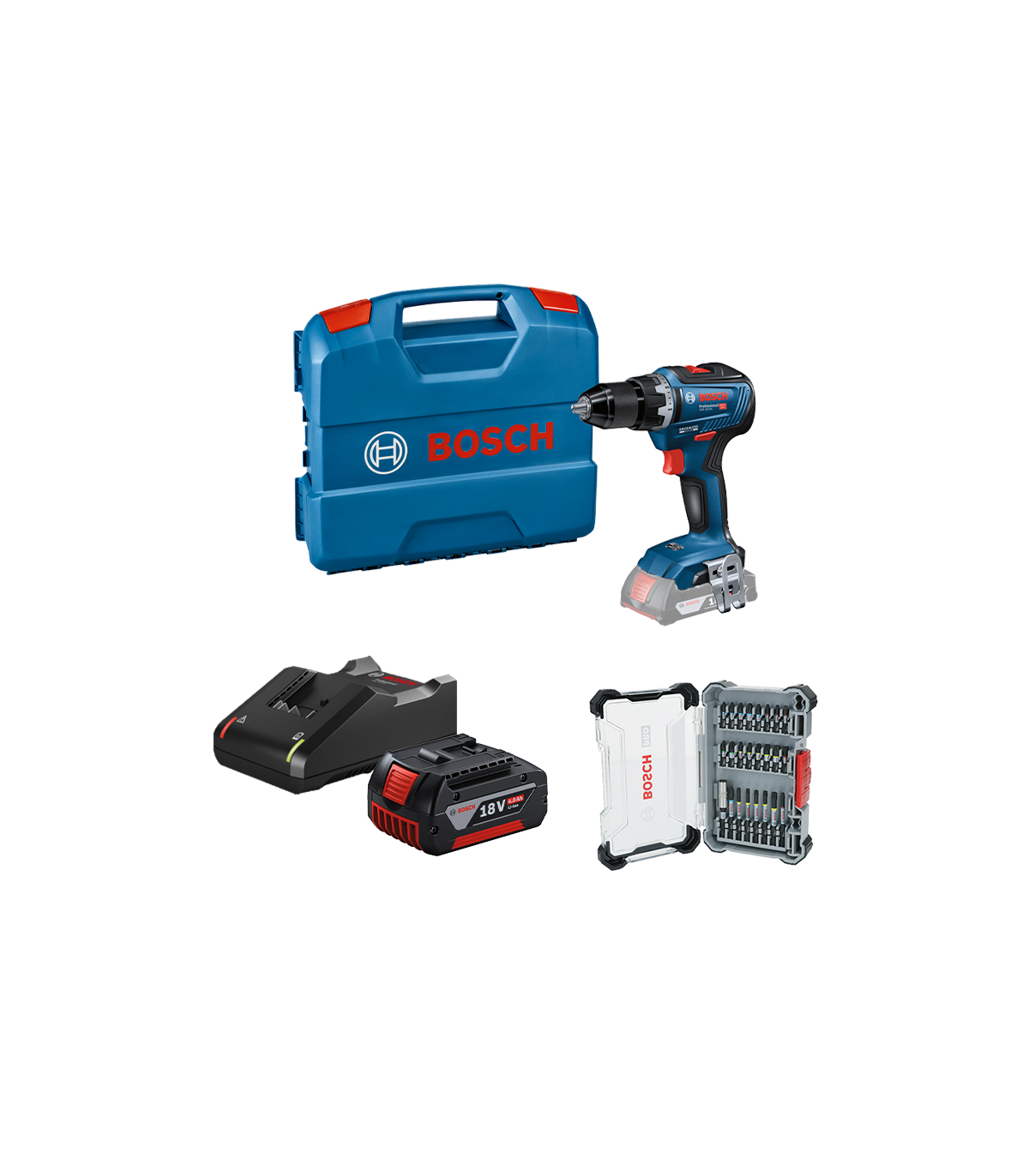 Perceuse-visseuse GSR 18V-55 + 1 Batterie GBA 18V 4 Ah + 1 chargeur GAL 18V-40 + 1 Coffret de 23 embouts de vissage BOSCH