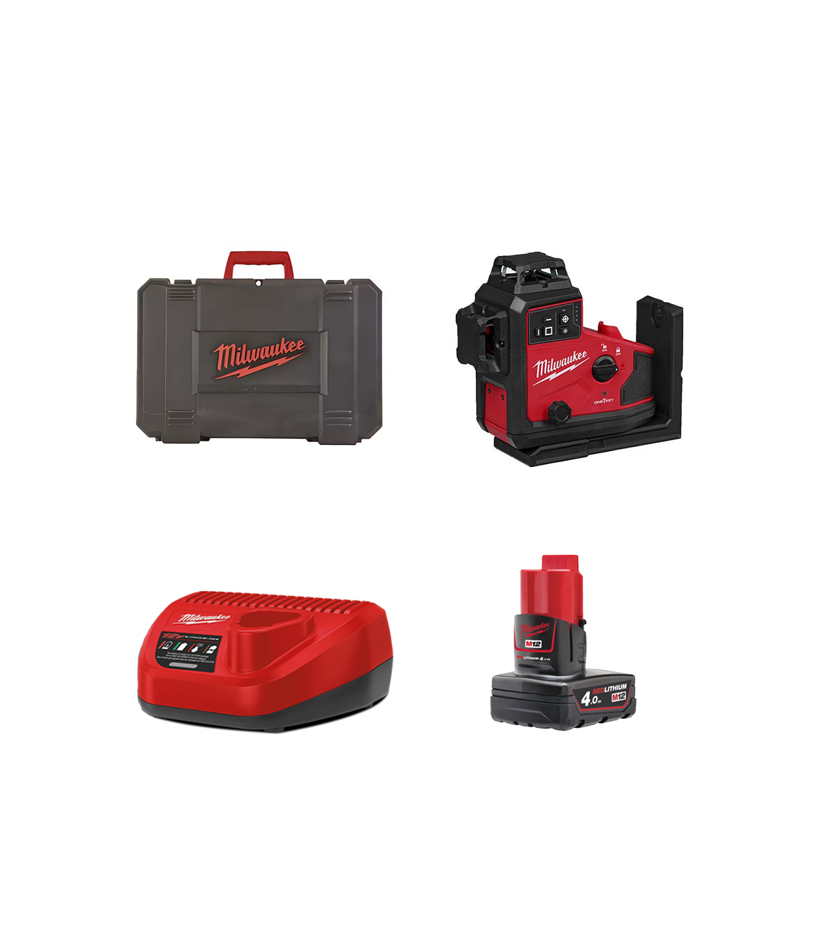 Laser 3 lignes vert 360° 12V M12 A3PLO-401C + 1 batterie 4 Ah 12 V + chargeur C12C MILWAUKEE
