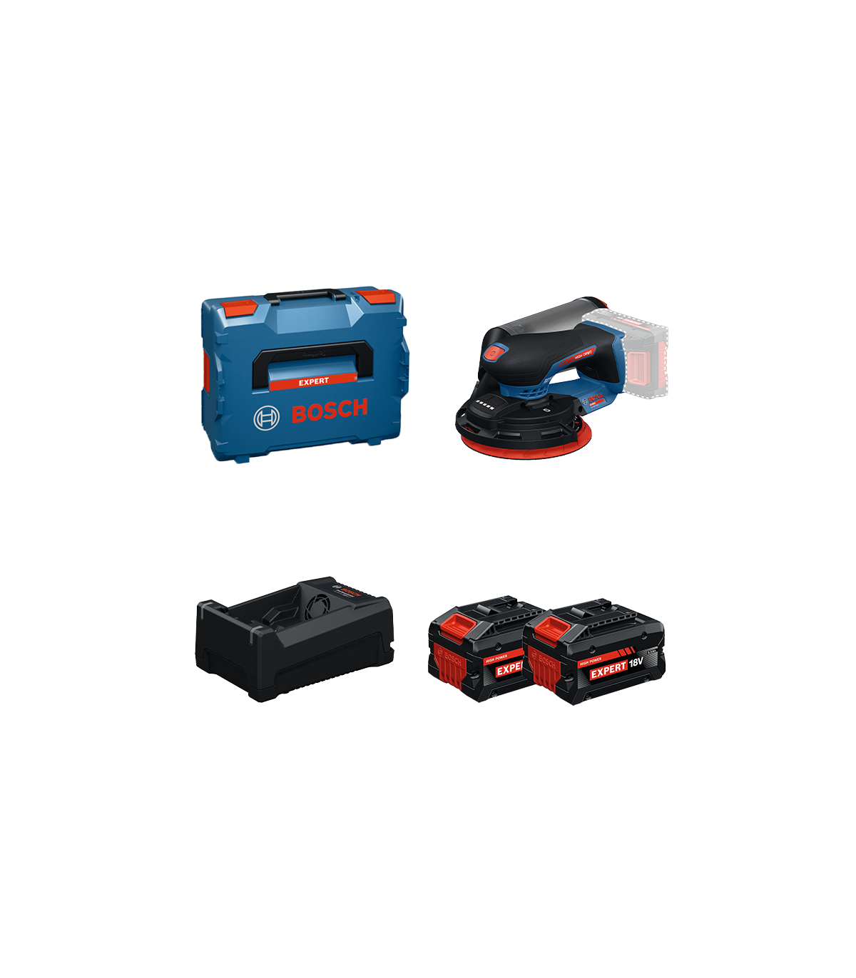 Ponceuse excentrique Ø150 mm EXPERT EXEX18V-150-5 + 2 Batteries EXPERT 5,5 Ah + 1 Chargeur GAL 12V/18V-80 BOSCH
