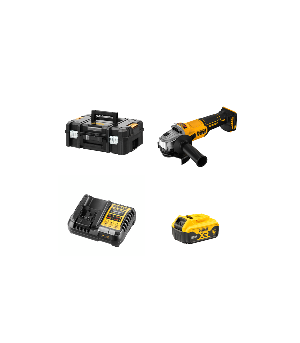 Meuleuse Ø125 mm 18V DCG407NT-XJ + 1 batterie 18V 5 Ah + 1 Chargeur DCB1104-QW DEWALT
