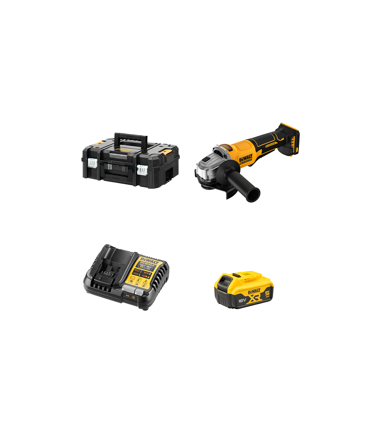 Meuleuse Ø125 mm 18V DCG408NT-XJ + 1 batterie 18V 5 Ah + 1 Chargeur DCB1104-QW DEWALT