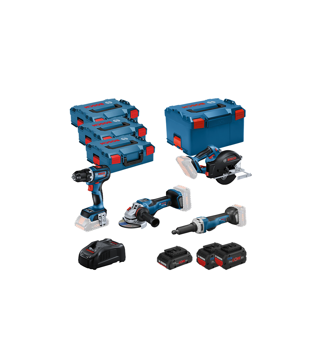 Pack 4 outils 18V (GSR 18V-90C + GWS 18V-15 PSC + GKM 18V-50 + GGS 18V-23 PLC) BOSCH