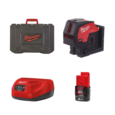 Laser 2 lignes vert 12V M12 CLLP + 1 batterie 3 Ah 12 V + C12C MILWAUKEE