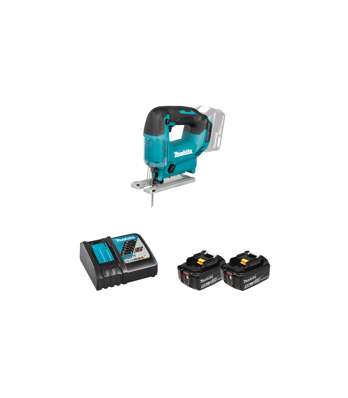 Scie sauteuse 18V DJV186Z + 2 batteries BL1850B 18V 5 Ah + chargeur rapide DC18RC MAKITA