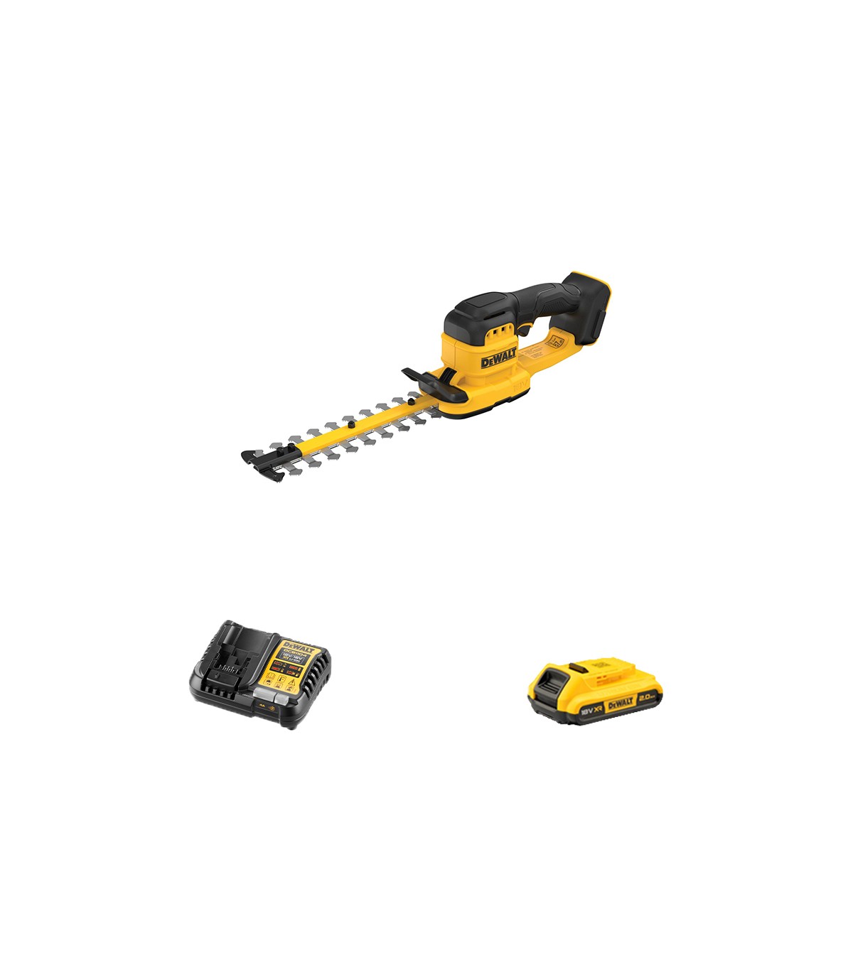 Taille haie 18V 20 cm DCMHT520N-XJ + 1 batterie 18V 2 Ah + chargeur DCB1104-QW DEWALT