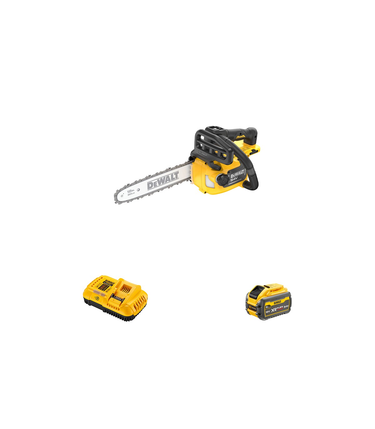Tronçonneuse d'élagage 54V 30 cm DCMCST632N-XJ + 1 batterie 54V 9 Ah + 1 chargeur DCB118-QW DEWALT