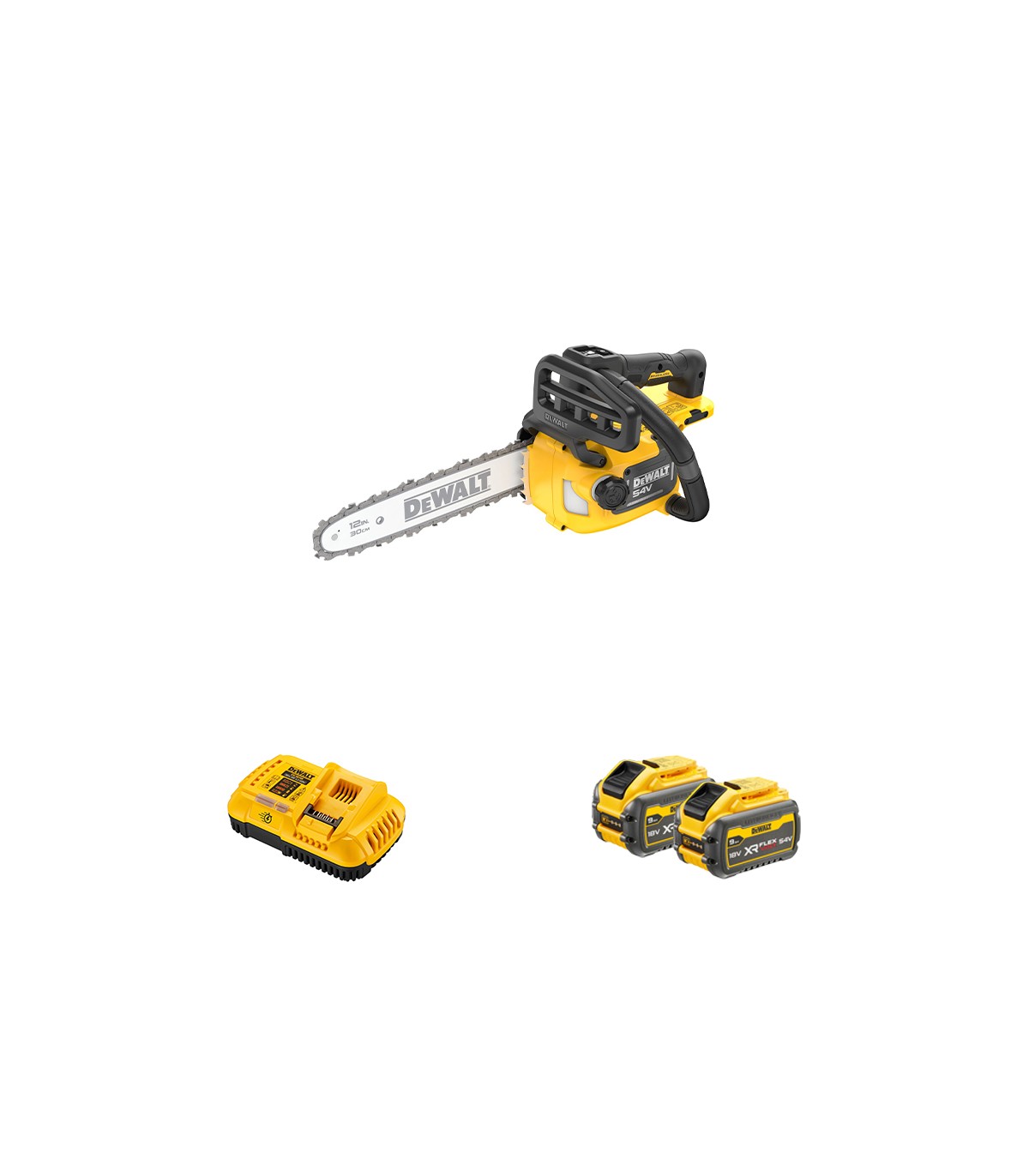 Tronçonneuse d'élagage 54V 30 cm DCMCST632N-XJ + 2 batteries 54V 9 Ah + 1 chargeur DCB118-QW DEWALT