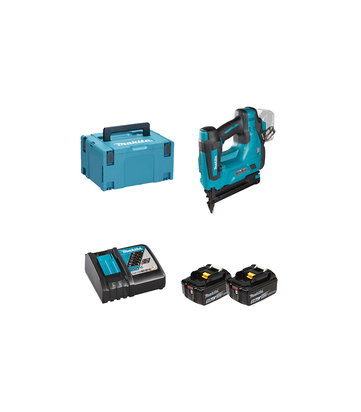 Cloueur 18V DBN500ZJ + 2 batteries BL1850B 18V 5 Ah + chargeur rapide DC18RC MAKITA