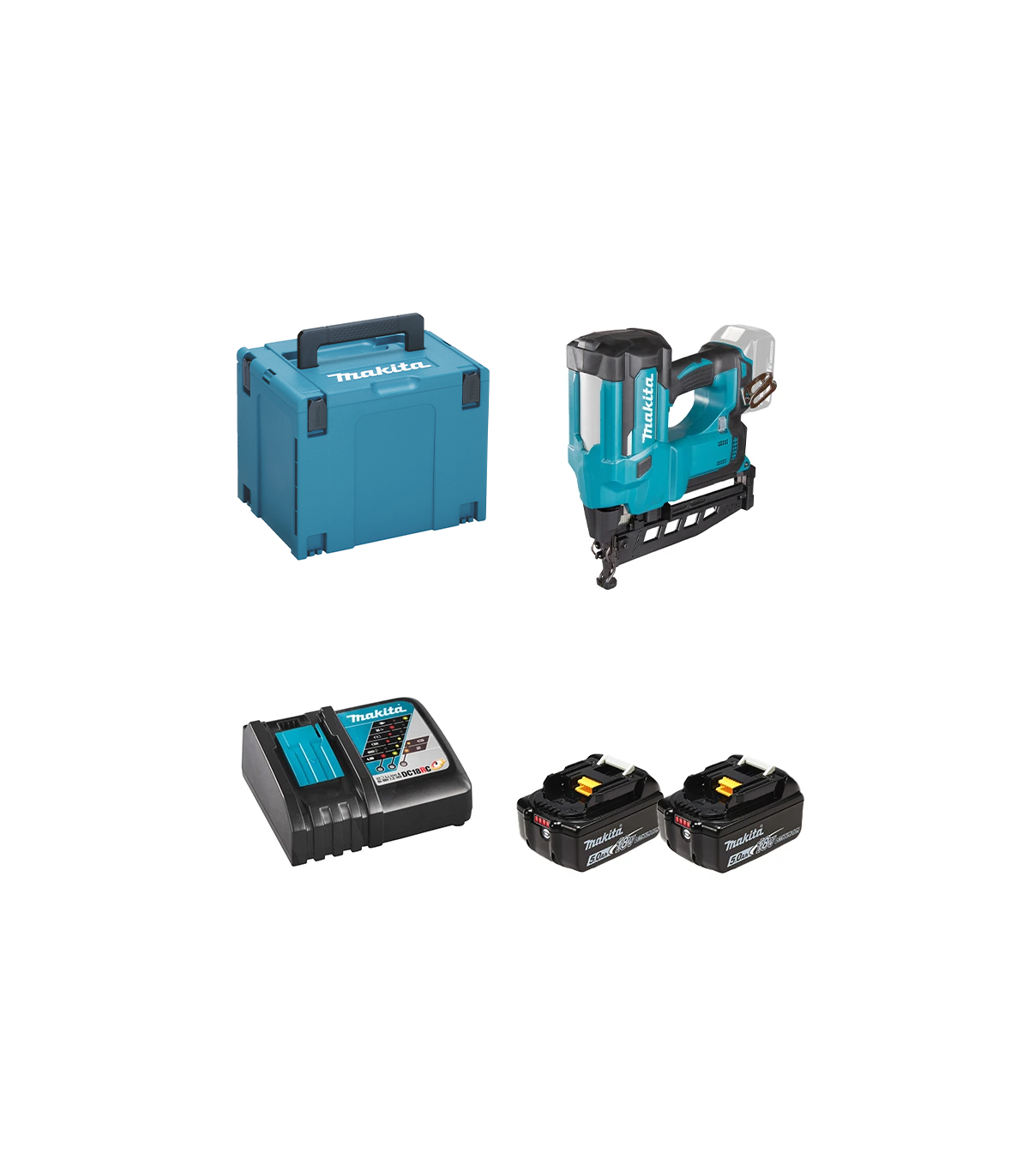 Cloueur 18V DBN600ZJ + 2 batteries BL1850B 18V 5 Ah + chargeur rapide DC18RC MAKITA