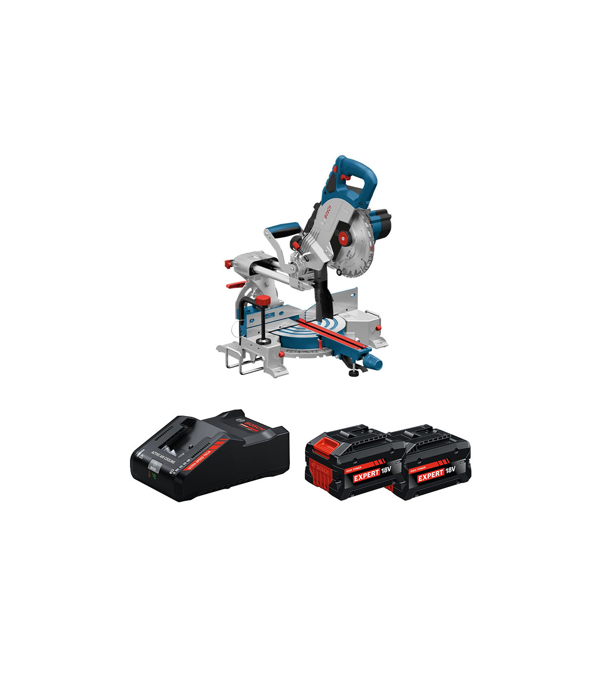 Scie à onglet radiale Ø216 mm GCM 18V-216 + 2 Batteries EXPERT 8 Ah + 1 Chargeur EXAL18V-160 BOSCH