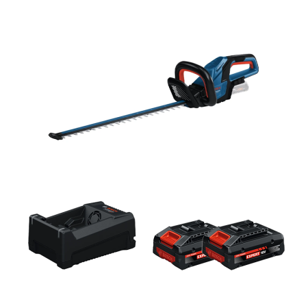 Taille haies sans fil GHE 18V-60 (II) avec volant d’inertie + 2 Batteries EXPERT 4 Ah + 1 Chargeur GAL 12V/18V-80 BOSCH
