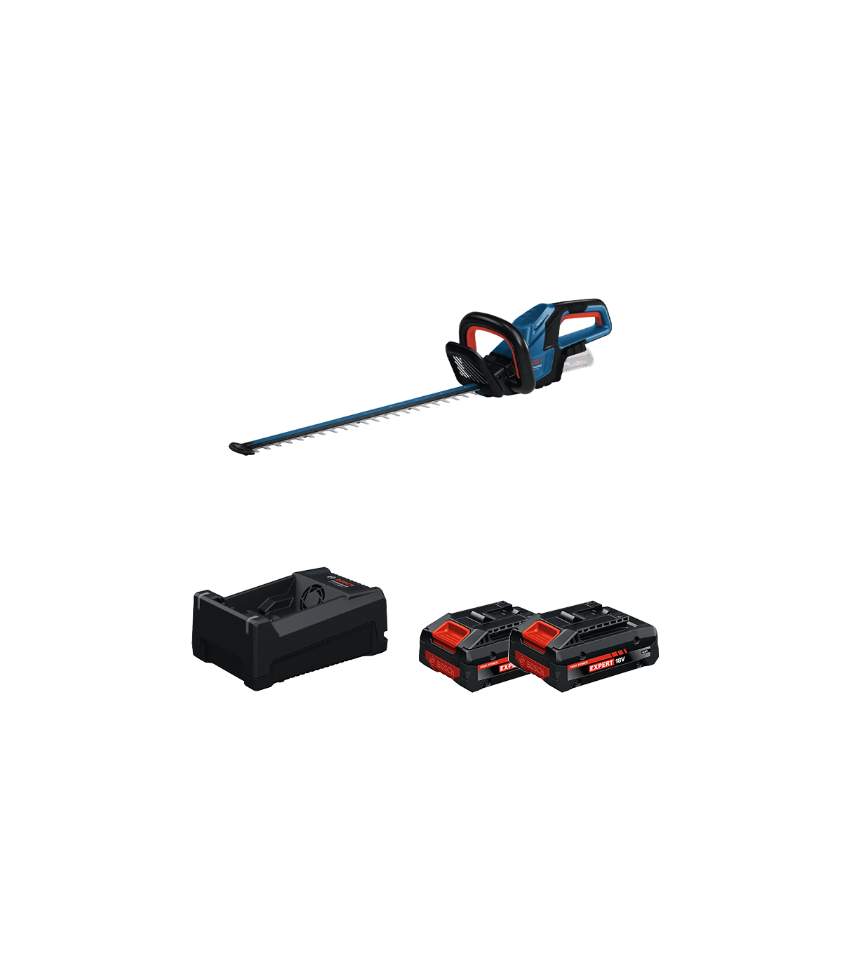 Taille haies sans fil GHE 18V-60 (II) avec volant d’inertie + 2 Batteries EXPERT 4 Ah + 1 Chargeur GAL 12V/18V-80 BOSCH