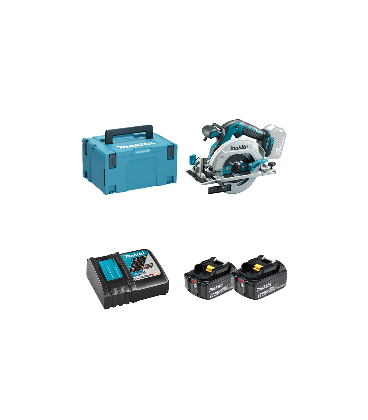 Scie circulaire 18V Ø165 mm DHS680ZJ + 2 batteries BL1860B 18V 6 Ah + 1 chargeur rapide DC18RC MAKITA