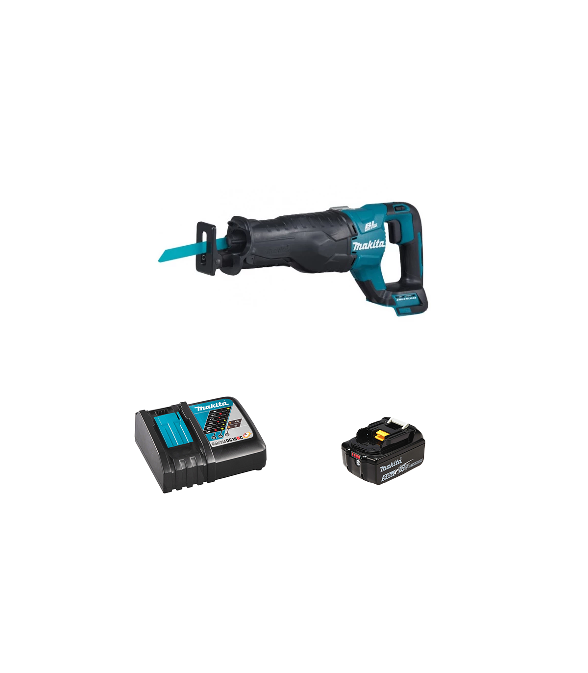 Scie sabre DJR187Z + 1 batterie BL1850B 18V 5 Ah + chargeur rapide DC18RC MAKITA