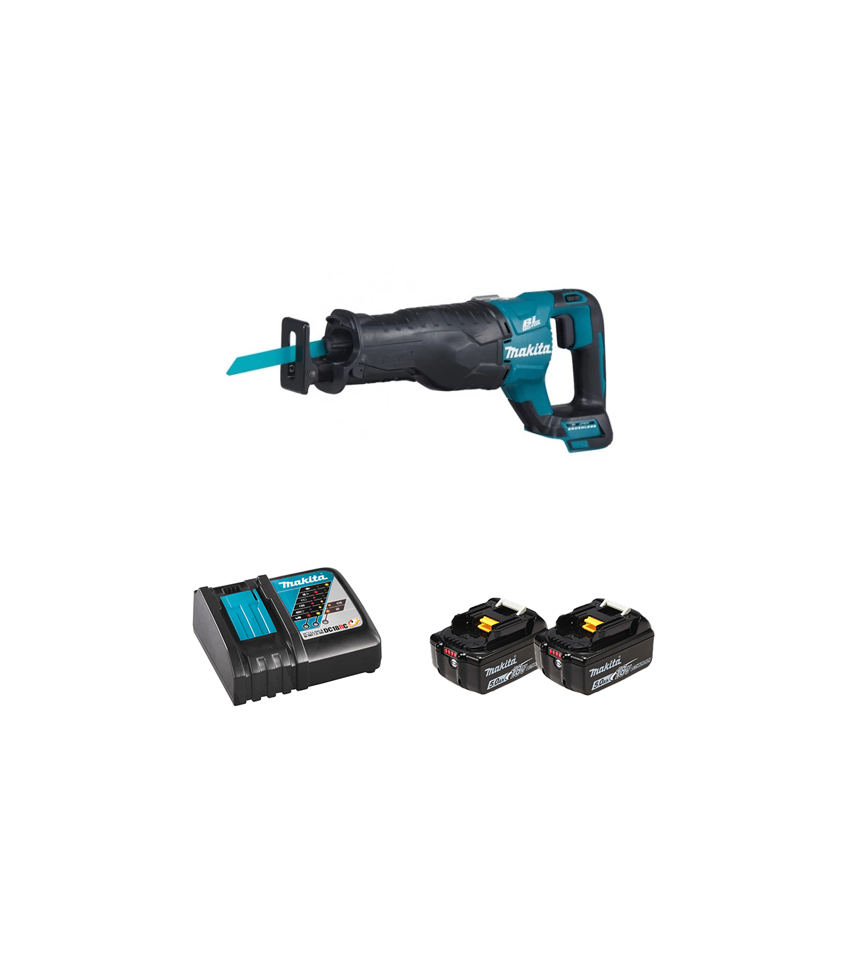 Scie sabre DJR187Z + 2 batteries BL1850B 18V 5 Ah + chargeur rapide DC18RC MAKITA