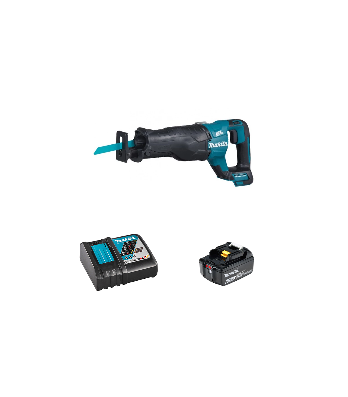 Scie sabre DJR187Z + 1 batterie BL1860B 18V 6 Ah + chargeur rapide DC18RC MAKITA