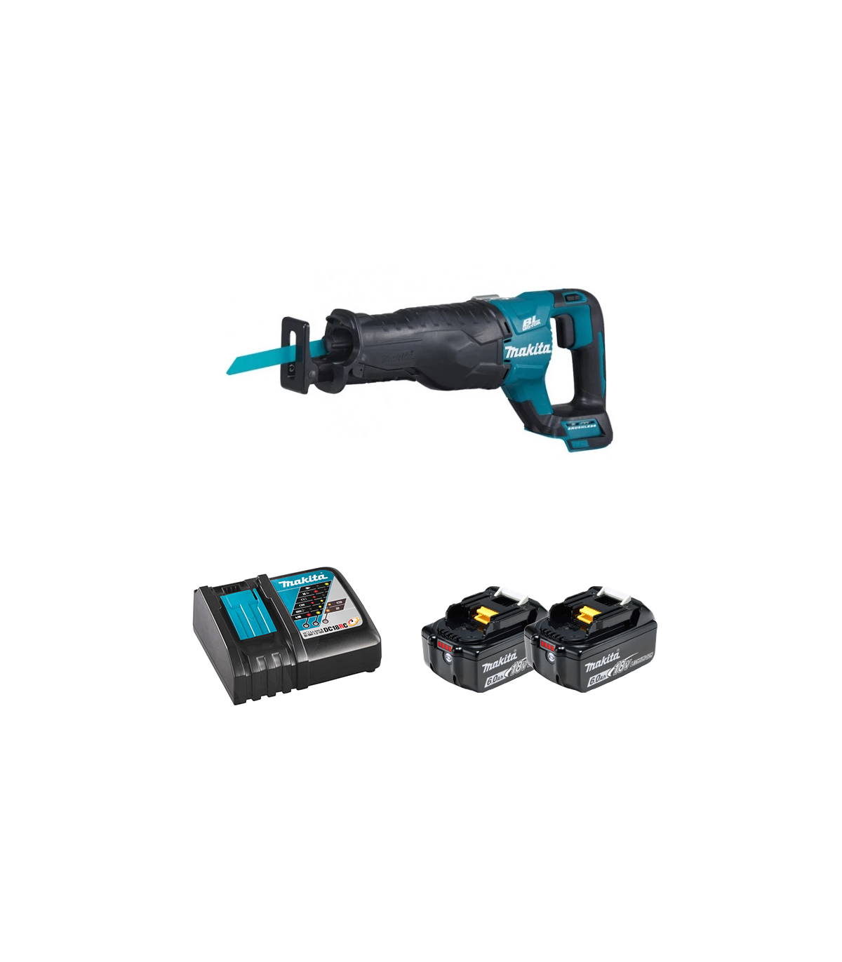 Scie sabre DJR187Z + 2 batteries BL1860B 18V 6 Ah + chargeur rapide DC18RC MAKITA