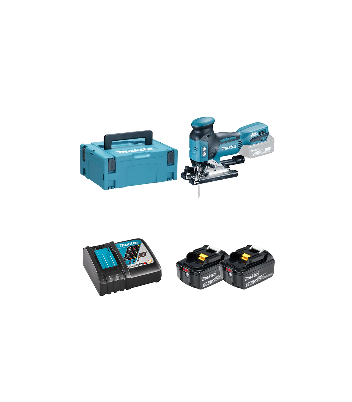 Scie sauteuse 18V DJV181ZJ + 2 batteries BL1860B 18V 6 Ah + chargeur rapide DC18RC MAKITA