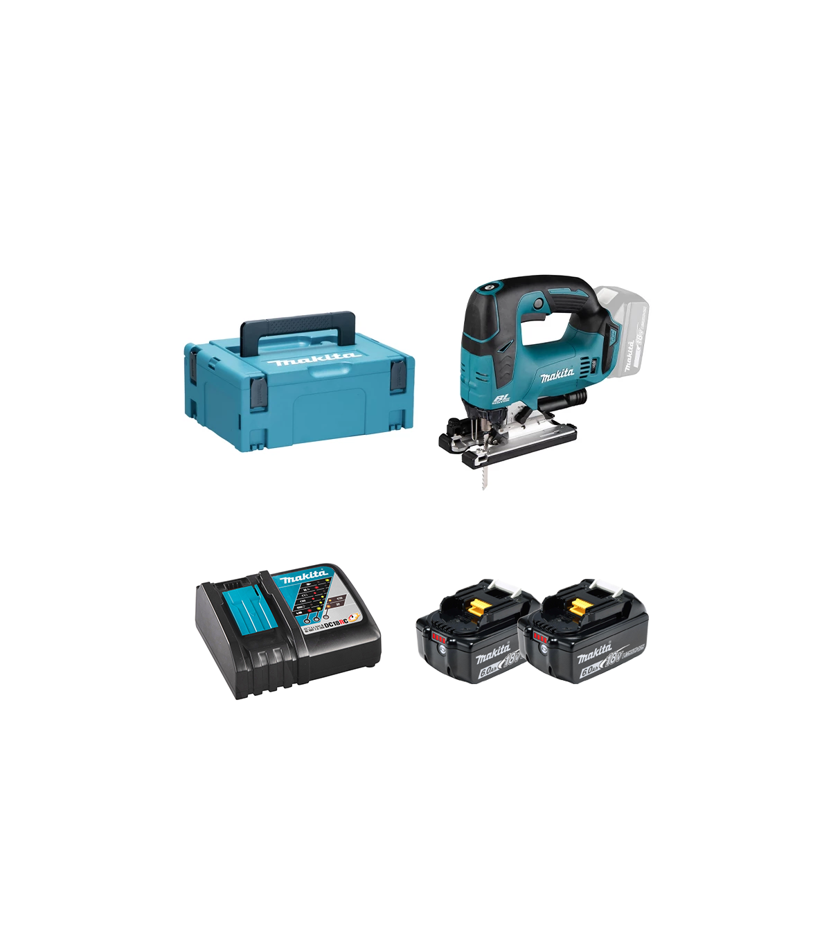 Scie sauteuse 18V DJV182ZJ + 2 batteries BL1860B 18V 6 Ah + chargeur rapide DC18RC MAKITA