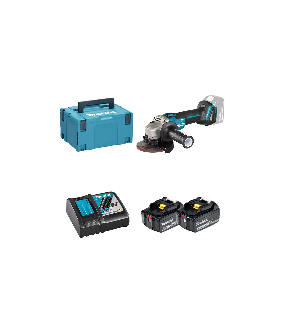 Meuleuse Ø125 mm 18V DGA506ZJ + 2 batteries BL1860B 18V 6 Ah + chargeur rapide DC18RC MAKITA